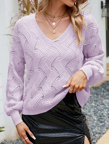  Mujer Pulóveres Elegante Moda Diario Color sólido Croché Escote en Pico De Punto Manga Larga Tops regulares Tejer Trabajo Amarillo Azul polvoriento Otoño Invierno