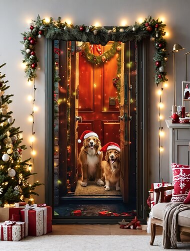  Christmas Door Decorations Door Covers Xmas Dogs Door Tapestry Door Curtain Decoration Backdrop Door Banner for Front Door Farmhouse Holiday Party Decor Supplies Indoor/Outdoor