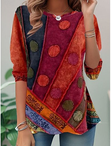  Vrouwen Tuniek T-shirt Mode Casual Print Lange Mouwen Regelmatige Tops Crew Neck Daily Rood Lente Herfst