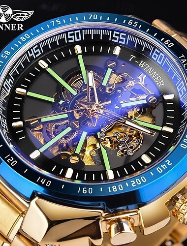  Winner Top Marke Automatische Mechanische Gold Uhr Herren Große Gehäuse Luxus Skelett Licht Military Business Blau Wasserfest Uhr