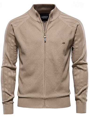  Herr Cardigan Tröja Ribbad Kabel Sticka Dragkedja Jacquard Ensfärgat Nedvikt Stickat Neutral Utomhus Casual Kläder T-shirt Ärm Vinter Vår & Höst Svart Marinblå S M L