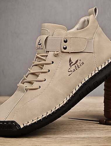  weiße Stiefeletten aus Kunstleder für Herren mit hohem Schaft – handgefertigte Nähte, Schnürdesign mit Klettverschluss, robuste, rutschfeste Sohle für Outdoor- und Freizeitkleidung