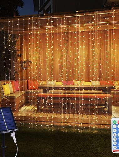  Luces de cortina solares para exteriores, control remoto, 8 modos de iluminación, luz de hadas, 3 x 3 m, 300 ledes, IP65, luces de cadena impermeables, para fiestas de Navidad, bodas, hogar, jardín,