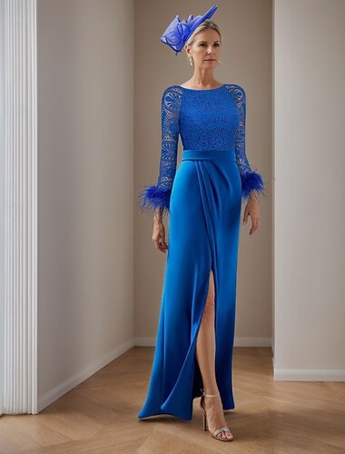  A-Linie Mutter der Braut Kleid Eleganter Einfacher Juwelenhals Bodenlänge Stretchstoff 3/4-Länge Ärmel mit Spitze Falten 2025 kostenlose Maßanfertigung