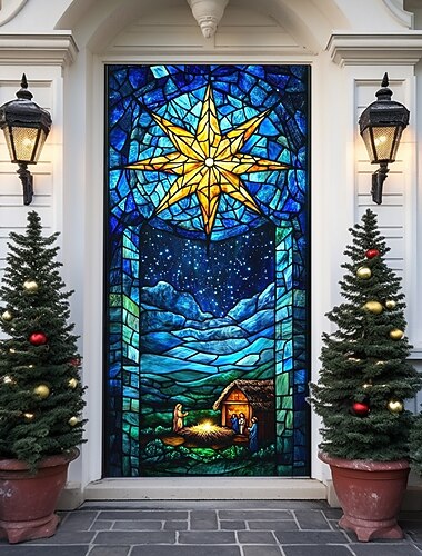  juledørdekorasjoner dørdeksler julekrybbedørteppe dørgardindekorasjon bakteppe innendørs/utendørs dørbanner for inngangsdør gårdshus