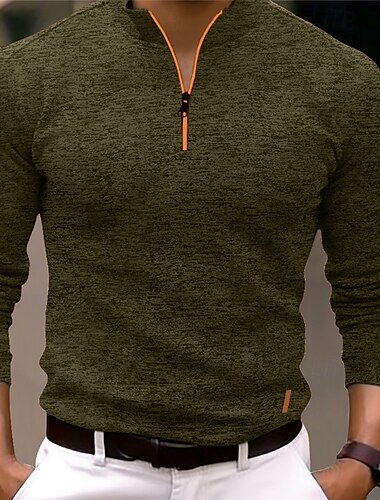  Herren Poloshirt Poloshirt mit Viertelreißverschluss Sport & Natur Casual Stehkragen Viertel Postleitzahl Langarm Modisch Basic Feste Farbe Tasche Frühling & Herbst Regular Fit Schwarz Marineblau