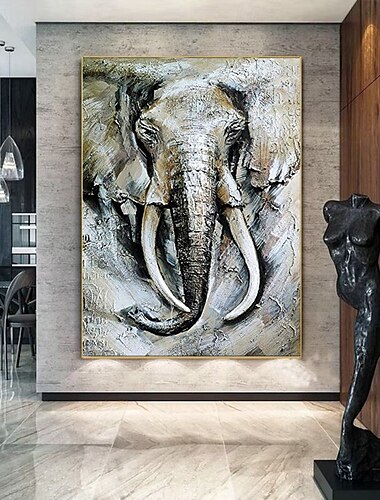  handgemachtes Ölgemälde auf Leinwand, Wandkunst, Dekoration, Tier, schwarz-weiß, abstrakter Elefant für die Inneneinrichtung, gerolltes, rahmenloses, ungedehntes Gemälde