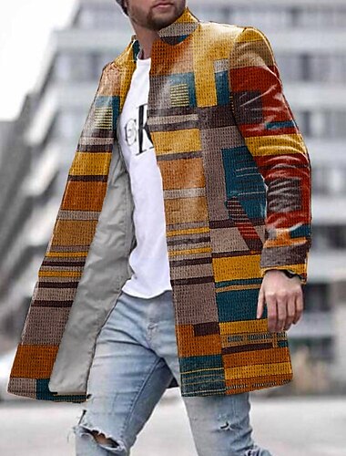  Herr Rutig Vinterkappa Fleece-jacka Rock Termisk Bekväm Vintage Affär Ledigt Festkvällskläder Dagliga kläder Knappar 3D-utskrift Framficka Vinter Nedvikt Långärmad Brun