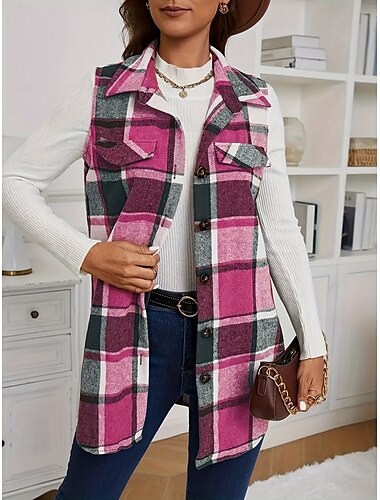 Damen Weste Alltagskleidung Taste Plaid Komfortabel Stilvoll Regular Fit Oberbekleidung Langarm Herbst Rosa S