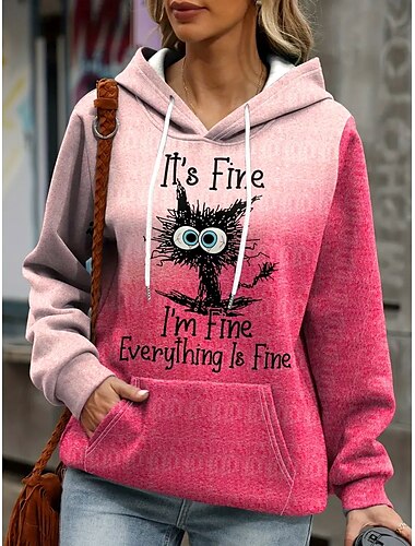  Sudadera con capucha para mujer, sudadera con capucha con estampado de gato para uso diario, informal, de manga larga, microelástica, cómoda, transpirable, de tejido suave para otoño e invierno