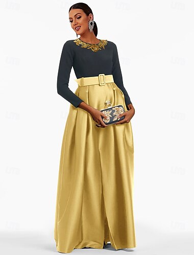  Robe de soirée en A-ligne élégante Robe formelle longueur de sol manche 3/4 col bijou poche satin avec fente pailletée 2025