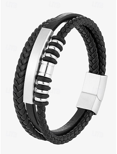  bracelet en similicuir tressé noir pour homme avec fermoir magnétique doré – bracelet décontracté moderne avec des accents de perles, parfait pour un usage quotidien et comme cadeau