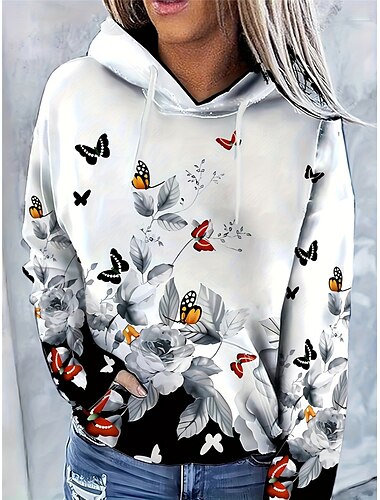  Damen Hoodie Sweatshirt Kapuze Polyester Blumen Schmetterling Strasse Alltagskleidung Tasche Bedruckt Brautkleider schlicht Kapuzenpullover Langarm Mikro-elastisch Herbst Winter