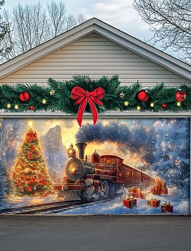  jul utendørs garasjeportdeksel julebanner togtre stort julebakgrunnsdekorasjon for ferie utendørs garasjeport hjem veggdekorasjoner