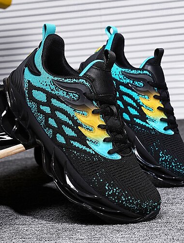  Blaue sportliche Herren-Sneaker mit einzigartigem Hohlsohlendesign, atmungsaktivem Obermaterial aus Strick und Flammendetail – leichte Laufschuhe mit orangefarbenen Akzenten