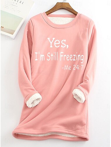  Damen Sweatshirt Pullover flauschig bequem Sherpa Fleece gefüttert Buchstaben Street Casual Rundhals Rundhals Langarm Schwarz Gelb Rosa Dunkelrosa Rot Herbst&amp; Winter