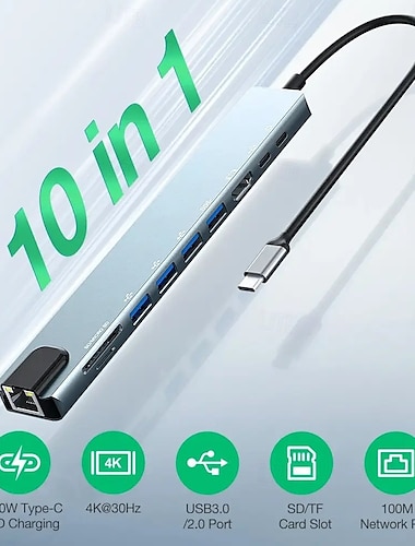  10 i 1 usb-hubbar med hd 4k@30hz usb3.0 usb2.0 type-c 2.0 rj45 ethernet 100w pd laddning sd tf kortplatser dockningsstation
