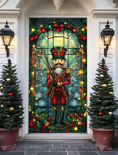  juledørdekorasjoner dørdeksler nøtteknekker dør billedvev dørgardin farget glass effekt dekorasjon bakteppe innendørs/utendørs dør banner for inngangsdør gårdshus
