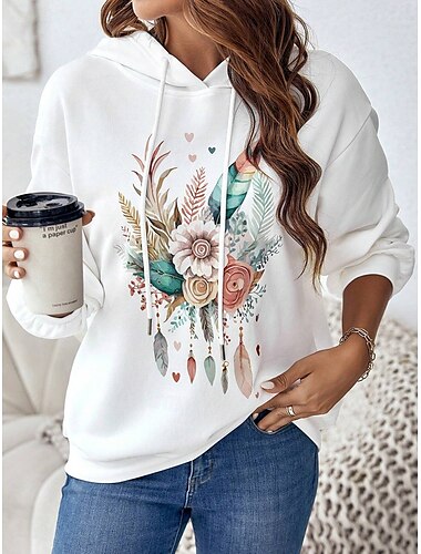  Damen Hoodie Sweatshirt Kapuze Polyester Vlies Blumen Strasse Alltagskleidung Tasche Bedruckt Brautkleider schlicht Kapuzenpullover Langarm Mikro-elastisch Herbst Winter