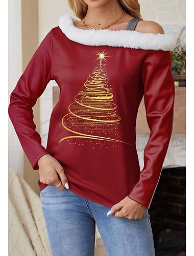  Damen Bluse Party Weihnachten Weihnachten Langarm Wein Herbst Winter