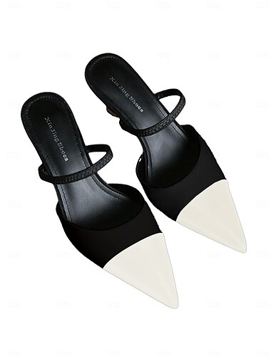  Schwarze und goldene Pantoletten mit spitzer Spitze und Absatz für Damen – elegante Schlupfschuhe für formelle und legere Anlässe