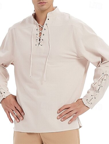  Voor heren Overhemd linnen overhemd Popover-shirt Normaal shirt Katoenen shirt Effen Hawaii Feestdagen Zwart Wit Wijn Marineblauw Lange mouw Opstaand Lente & Herfst Kleding Veters