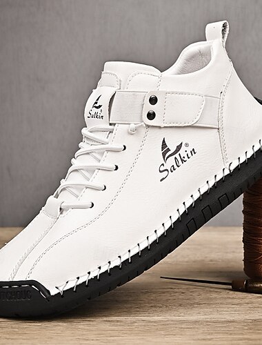  Botas altas de piel sintética blanca para hombre: costuras artesanales, diseño con cordones y correa de velcro, suela resistente antideslizante para uso informal y al aire libre