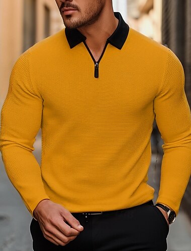  Herren Waffel-Poloshirt Golfhemd Outdoor Normal Viertel Postleitzahl Langarm Modisch Modern Feste Farbe Strick Frühling & Herbst Weite Passform Weiß Gelb Rosa Hell Gray Waffel-Poloshirt