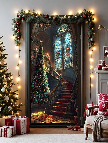  Christmas Door Decorations Door Covers Xmas Tree Stained Glass Door Tapestry Door Curtain Decoration Backdrop Door Banner for Front Door Farmhouse Holiday Party Decor Supplies Indoor/Outdoor