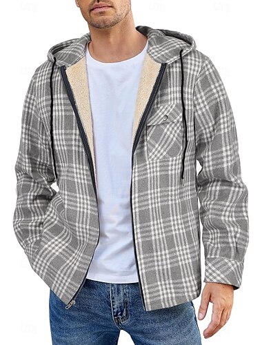  Herren Hemdjacke Kapuzenjacke Shacket Flanell-Fleecejacke Täglich Urlaub warm Mit Kapuze Herbst Winter Schottenstoff Kariert Modisch Strassenmode Kargen Standard Schwarz Dunkelrot Hellgrün Rote Blau