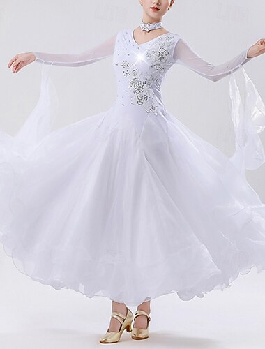  Standardní tance Šaty Výšivka Barevně dělené Křišťály / Bižuterie Dámské Výkon Párty Dlouhý rukáv Síťka Spandex Organza