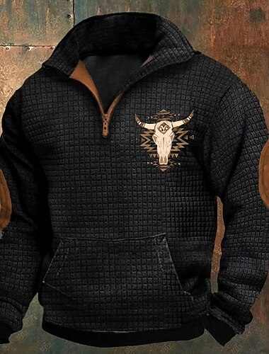  Homme Sweat-shirt Sweat-shirt gaufré Sweat-shirt quart de fermeture éclair Noir Blanche bleu marine Kaki Gris foncé Demi-zip Graphique Vache Imprimé Patchwork Poche Avant Quart de zip Quotidien Fête