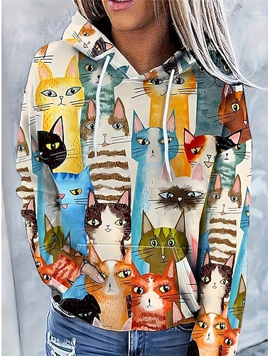  Sudadera con capucha para mujer, sudadera con capucha con estampado de gato para uso diario, informal, de manga larga, microelástica, cómoda, transpirable, de tejido suave para otoño e invierno