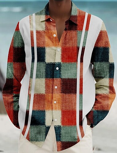  Men's Geometric Pattern Geometic Beach Shirt Button Up Shirt Long Sleeve Hawaiian Casual Vacation Daily Fall Winter Spring & Summer Collared Shirts 3D Print Red Navy Blue Blue