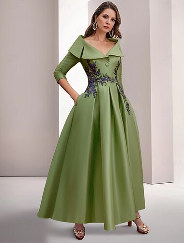  Robe de Soirée A-Ligne Élégante Robe Vintage Brodée Formelle Longueur de Sol Manches 3/4 Col Chemise Satin avec Appliques