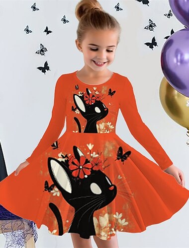  Mädchen' 3D Graphic Tier Katze Kleid Langarm Sommer Frühling Urlaub Täglich Festtage Prinzessin Schön Süß kinderkleidung 4-12 Jahre Casual kleid A Linie Kleid Knielang Regular Fit