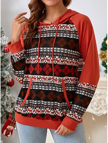  Damen Weihnachts-Kapuzenpullover, Polyester, geometrisch, lässig, Kordelzug, lässiger Kapuzenpullover, lange Ärmel, Herbst/Winter