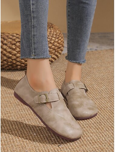  Mocasines vintage marrones sin cordones para mujer con correa con hebilla y acabado de piel sintética desgastada, perfectos para uso informal