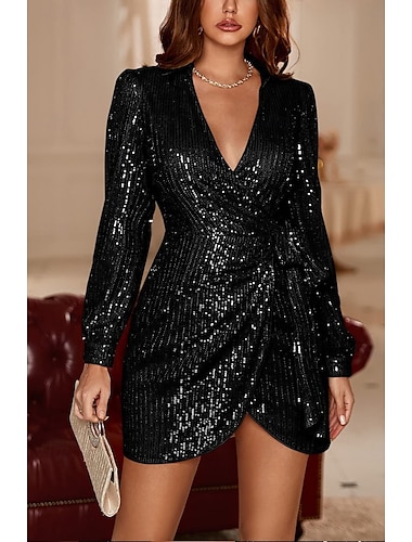  dames avondjurk pailletten plunge v-hals lange mouwen wikkel zwart glitter cocktail party elegante winter formele kleding