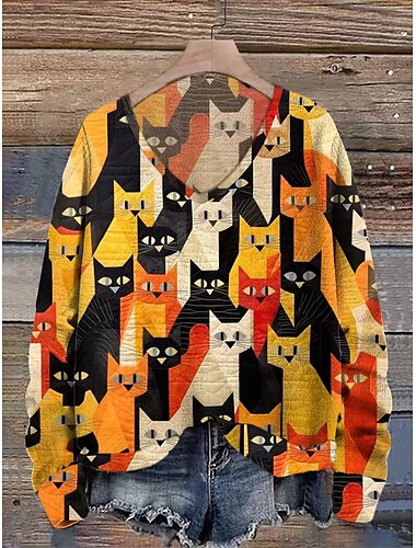  Mujer Suéter de punto Casual Animal Escote en Pico Escote en V Impresión digital Manga Larga Tops regulares Tejer Diario Amarillo Otoño Invierno