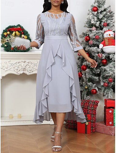  Damen Paillettenkleid Minikleid Spitze Elegant Rundhalsausschnitt Langarm Silber Farbe