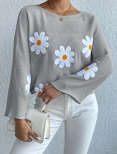  Damen Pullover Täglich Brautkleider schlicht Blumen Graphic Bedruckt Rundhalsausschnitt Strick Langarm Lange Oberteile Stricken Heim Arbeit Täglich Rosa Blau Herbst Winter