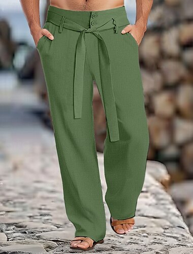  Męskie Lniane spodnie Spodnie Letnie spodnie Z paskiem Przednia kieszeń Prosta noga Równina Komfort Oddychający Pełna długość Codzienny Święto Moda Podstawowy Czarny Biały Nieelastyczny