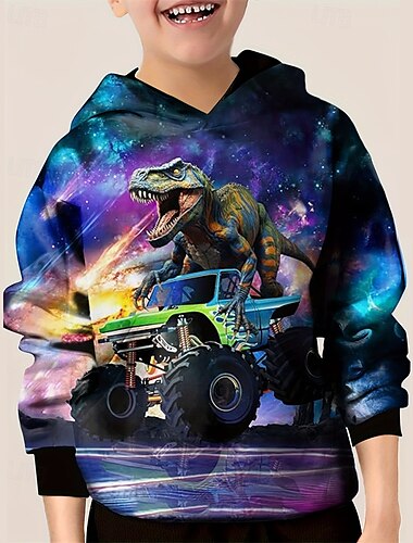  Pojkar 3D Grafisk Galax Dinosaurie Huvtröja Långärmad Vår Höst Mode Streetwear Barn 4-12 år Huva Utomhus Ledigt Dagligen Normal