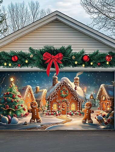  jul utendørs garasjeport deksel julebanner pepperkaker godteri hus stor jule bakteppe dekorasjon for ferie utendørs garasjeport hjem veggdekorasjoner