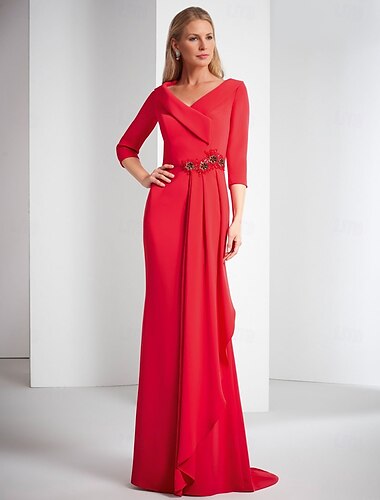  mantel avondjurk elegante jurk formeel vloer lengte 3/4 mouw v hals stretch crêpe met glitter ruches 2025