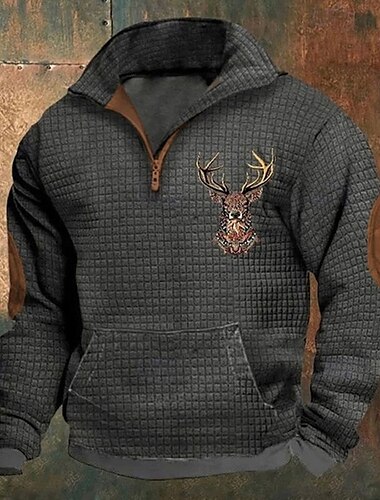  Sudadera con capucha de ciervo para hombre, con cremallera de un cuarto, manga larga, cuello alto, negro y blanco, estampado de renos, jersey de invierno, ropa de calle informal de poliéster para uso diario y vacaciones, ropa de primavera y otoño