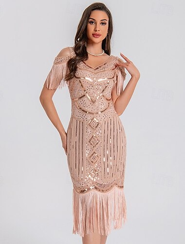  1920er Vintage inspiriert Kurze Länge Flapper Kleid Partykostüm Der große Gatsby Hochzeitsgast Pailletten Pailletten Quaste V Ausschnitt Damen Weihnachten Halloween Neujahr Alltagstauglich Party