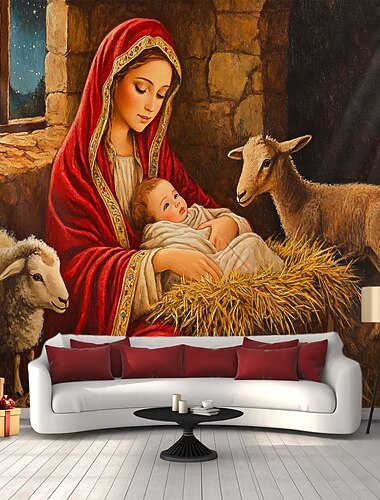  juledekorasjoner julekrybbe hengende billedvev veggkunst stor billedvev veggmaleri dekor fotografi bakteppe teppe gardin hjem soverom stue dekorasjon