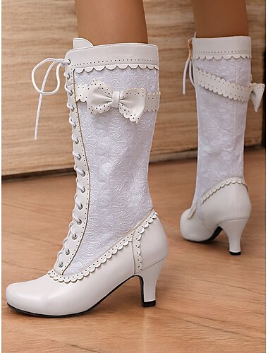 rote viktorianische Schnürstiefel für Damen mit Schleife und Blumenstickerei, Absätze im Vintage-Stil für Cosplay und besondere Anlässe
